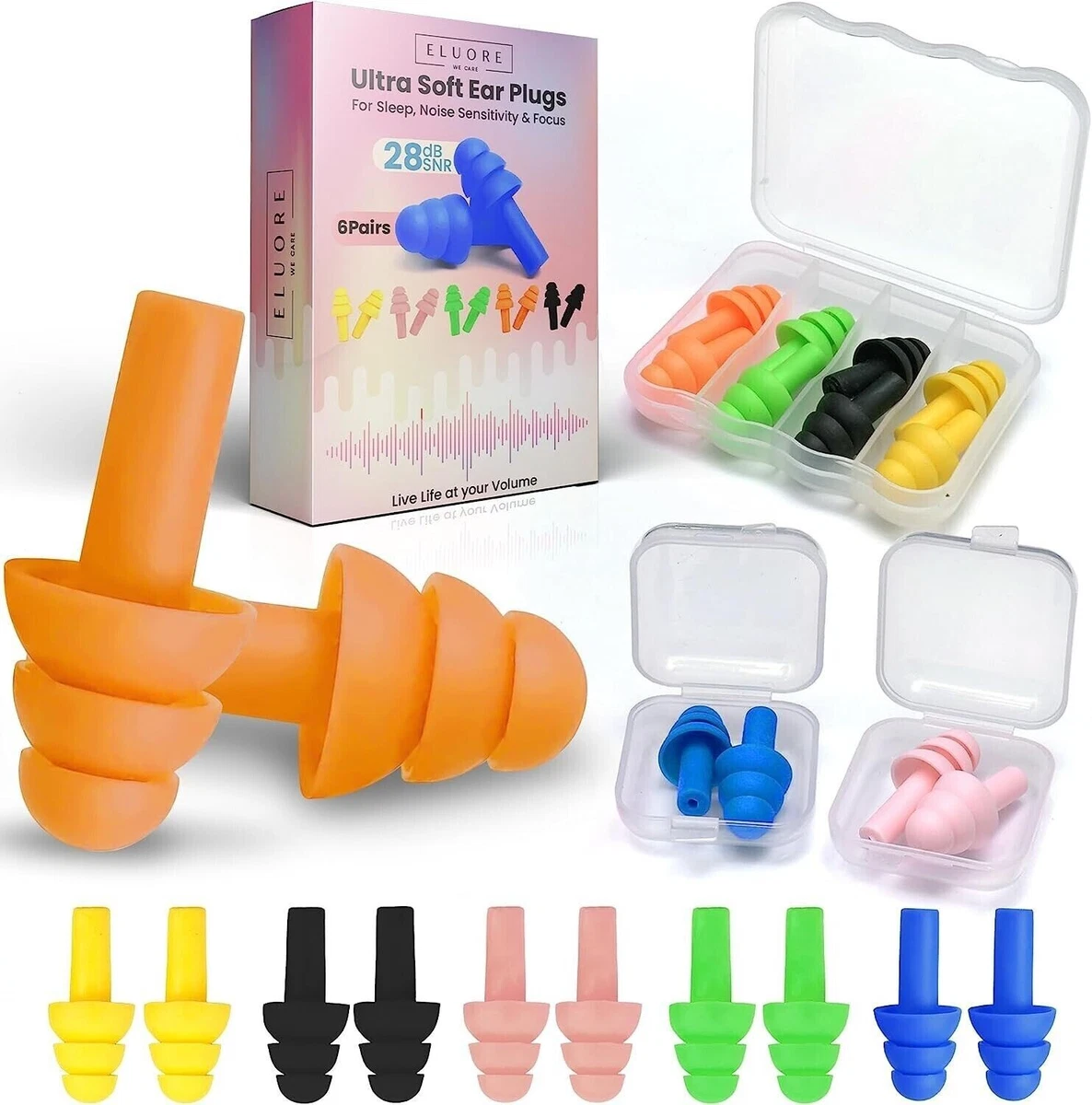 6 Pairs Silicone Ear Plugs Noise Cancelling Reusable Travel Sleep Aid Swimming