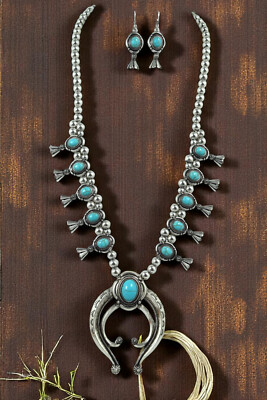 Southwestern Naja Blue Faux Turquoise Squash Blossom Necklace & Earrings Set