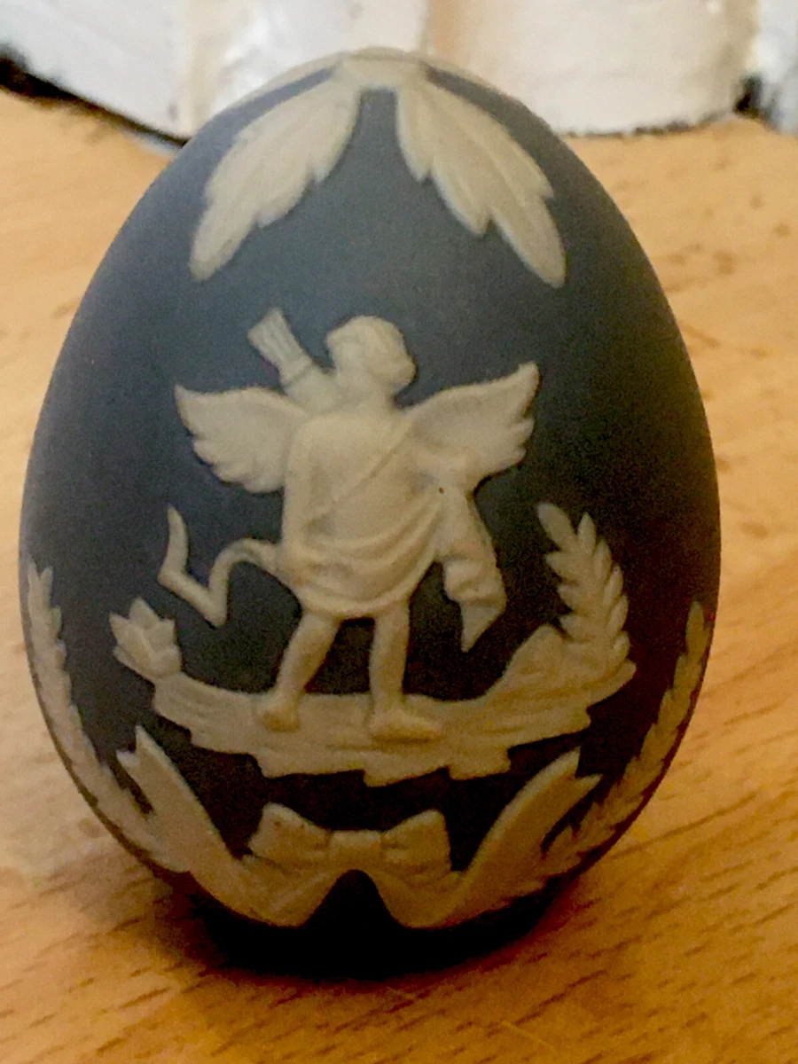 Wedgwood Style Cupid and Loving Doves Art Egg White On Pale Blue Jasper 2”