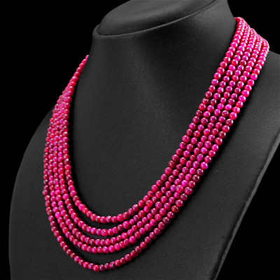 290.00 CTS EARTH MINED RED RUBY 5 STRAND ROUND BEADS HAND MADE NECKLACE (DG)
