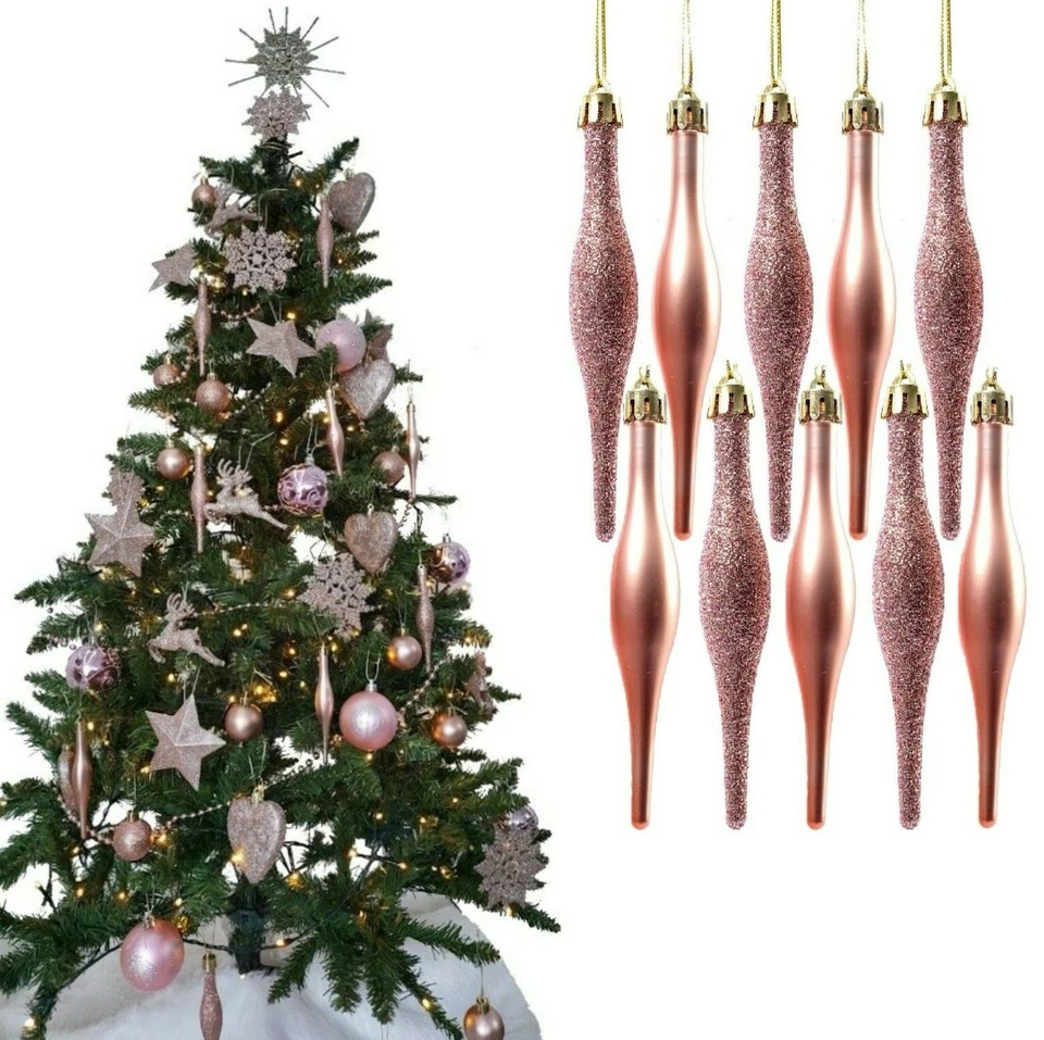 10 Droplet Baubles Christmas Tree Decorations Glitter & Matte Icicle Baubles 