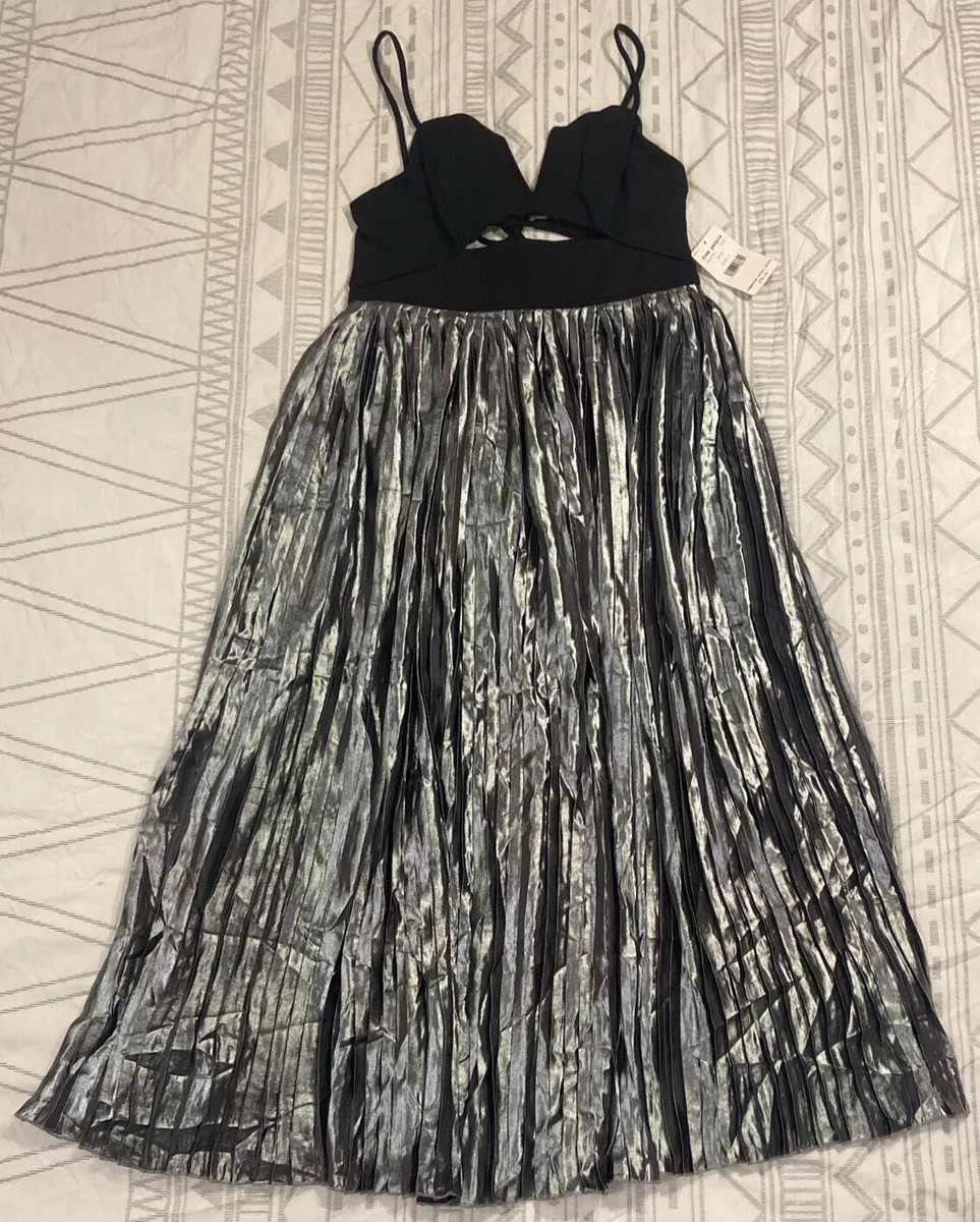 free people piper midi dress FREE PEOPLE Size 0 Piper Pleated Midi Black Silver Shiny Dress NEW