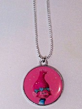 DREAMWORKS TROLLS POPPY DOME PENDANT ON 16" STERLING SILVER CHAIN