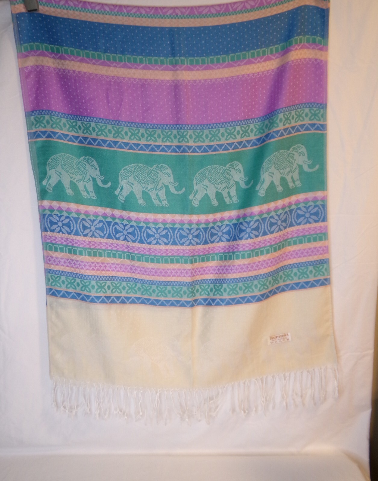 100% Cashmere Pashmina Elephant Print Fringed Scarf Shawl 68x28 Inches