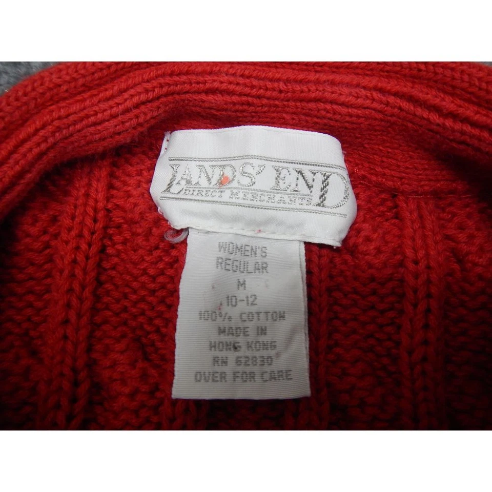 Lands' End Cable Knit Cardigan Sweater Women's Medium Red Cotton Button Front - Image 3 of 4