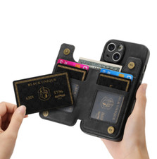 Men/Women Zipper PU Leater Card Holder Stand Flip Wallet Back Phone Case Pouch