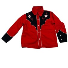VTG 70s Sears Western Cowboy Shirt Kids Red Black Embroidered Yoke Button Up