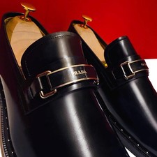 $1489.00!!PRADA MEN RUSTY BLUE & BLK LEATHER BITS LOAFERS SHOES MARK UK SIZE 41