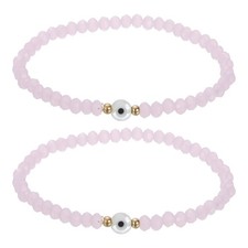6mm Turkish Evil Eye Bracelets, 2 Pcs Good Luck Crystal Bead Bracelets Pink