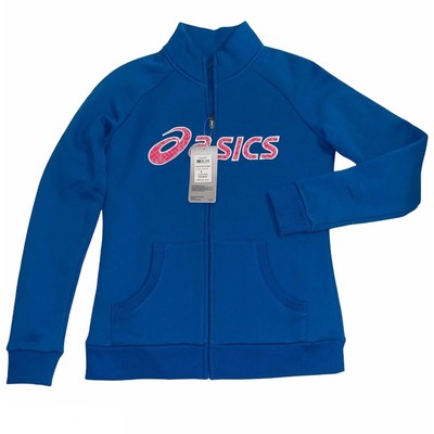 Asics Jacket Womens Small Spellout Logo Full Zip Fleece Sweatshirt Blue NWT