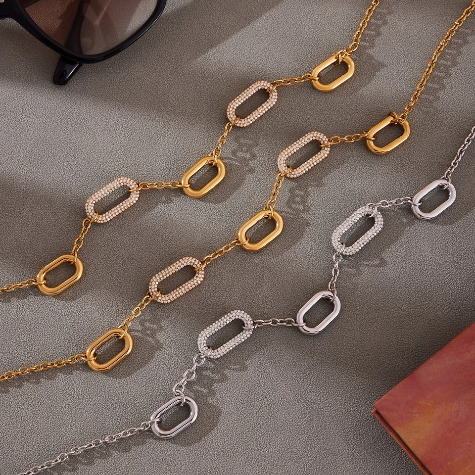 Collana Donna Elegante Maglie Geometriche in Acciaio Oro/Argento con Zirconi - Immagine 3 di 4