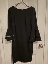 Calvin Klein Navy Sheath Dress Bell Sleeve Pearl Ruffle Accents Boat Neck 4