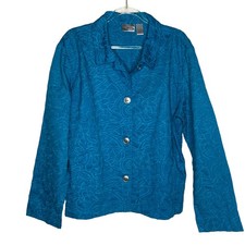 Chicos Size 2/L Turquoise Aqua Blue Embroidered Blazer Jacket Button Up Stretch