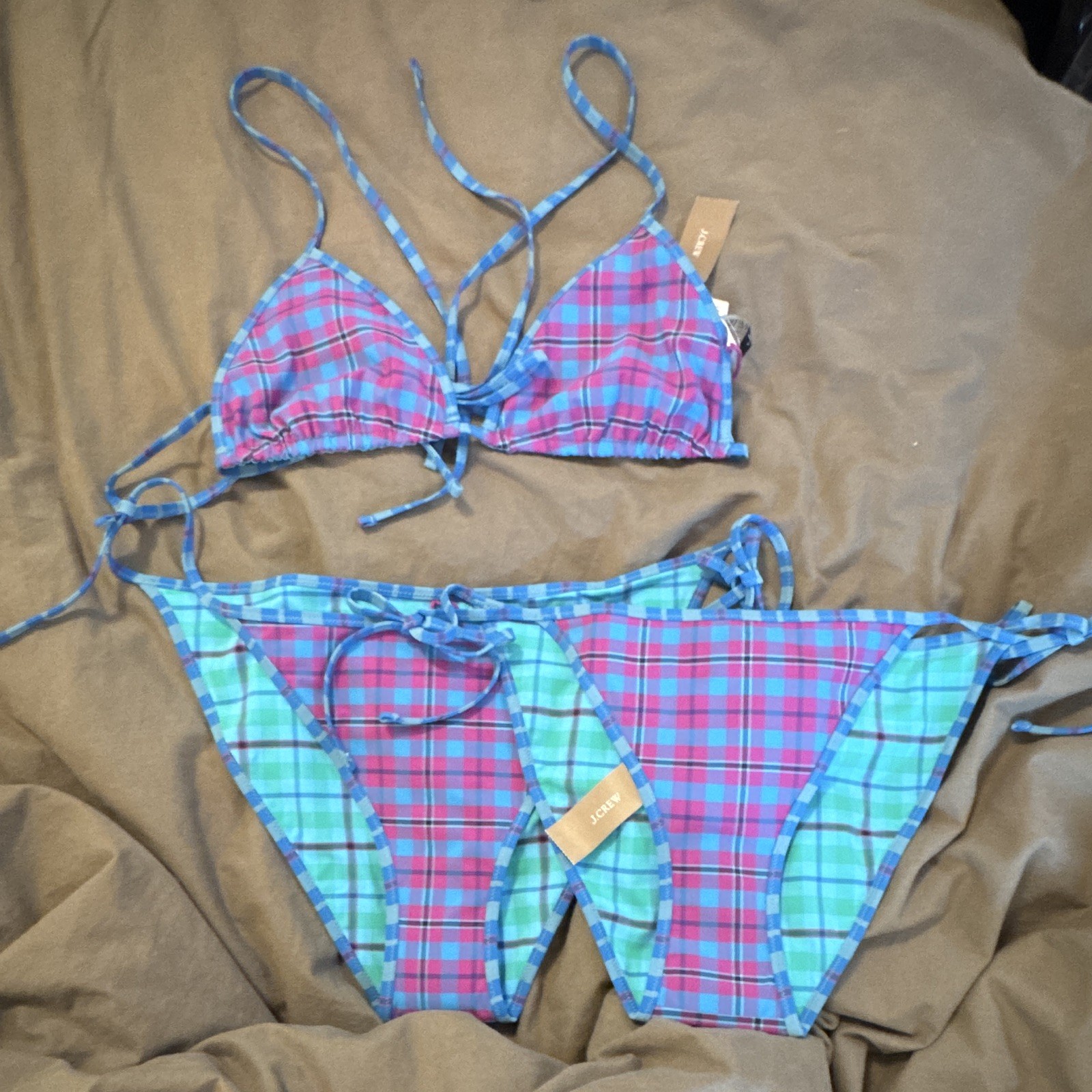 J.Crew Plaid 2-Piece Bikini Set Triangle Halter Top & Bottoms S C