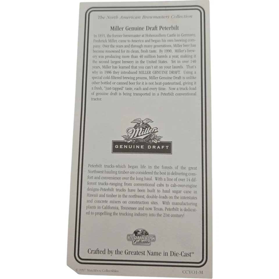 Matchbox 1997 Miller Genuine Draft Peterbilt Tractor Trailer 1:100 Diecast Truck - Image 2 of 4