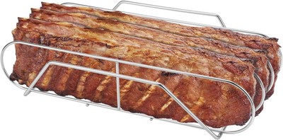 Extra Long Stainless Steel Rib Rack for Smoking and Grilling, Holds up to 3 F...