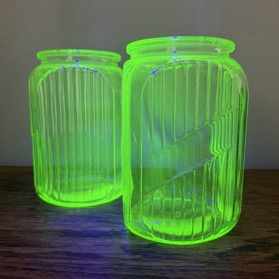 Vintage Anchor Hocking Uranium Glass Hoosier Cabinet Canister 7  Jar Pair No Lid