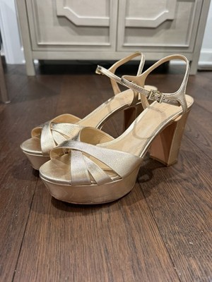 Womens Schutz Keefa Gold Leather Platform Strappy Heeled Sandals Size 10