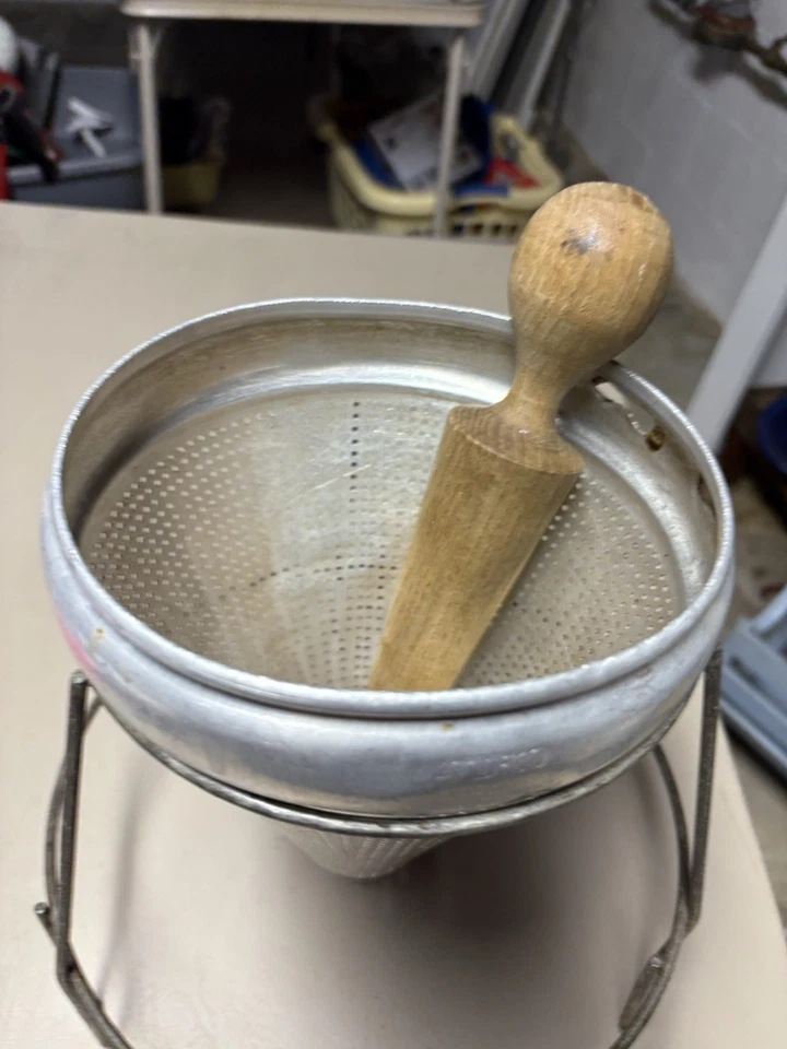 Vintage VIKO Aluminum Food Mill Cone Strainer Sieve Colander Wood Pestle w Stand - Image 3 of 4