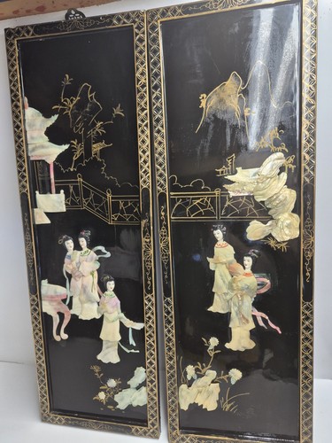 Pair Chinese Lacquer Mother of Pearl Wall Panels 12x36 Asian Art Decor