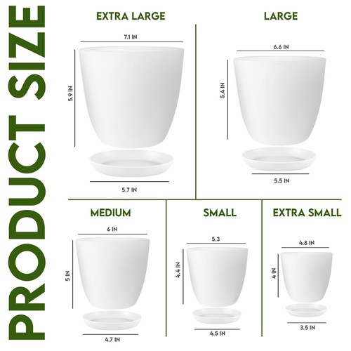 - Plant Pots with Drainage - 7/6.6/6/5.3/4.8 Inches Home Decor Flower Pots for I - Picture 2 of 7