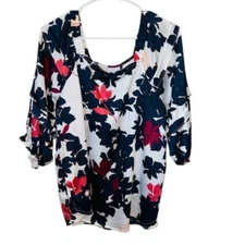 Liz Claiborne Floral Blouse Square Neck 3/4 Sleeve Top White Blue Red M
