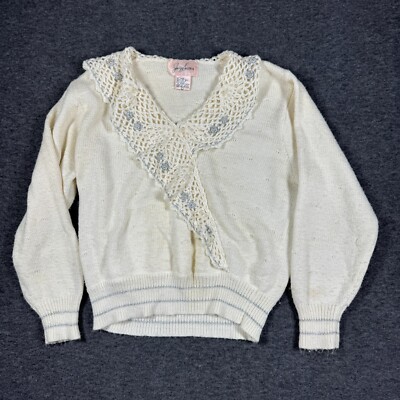 Vintage 80s 90s Jaclyn Smith Ruffle Sweater Womens Large L Ivory Silver