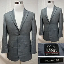 Jos. A. Bank Tailored Gray Windowpane Plaid Blue Silk/Wool 2-Button 35S Blazer