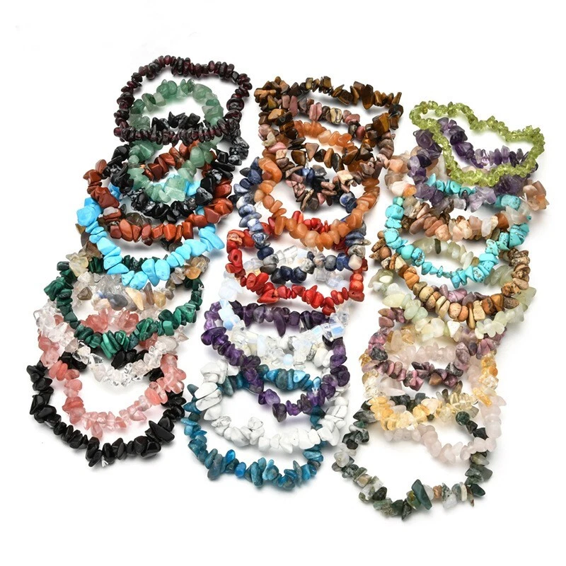 Wholesale Lots 15 Pcs Mix Irregular Natural Gem Stone Stretch Chip Bead Bracelet - Image 2 of 4