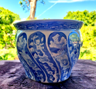 Vintage Chinese Oriental Blue & White Planter Pot Flowers & Leaves Pattern  | eBay
