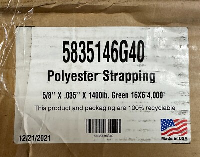 5/8'' x 4,000' .035 1400lb 16 x 6 Smooth Green Polyester Strapping 5835146G40