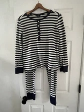 J Crew Womens Pajama Thermal Set Shirt Pants Large Blue Stripe Henley Sleep