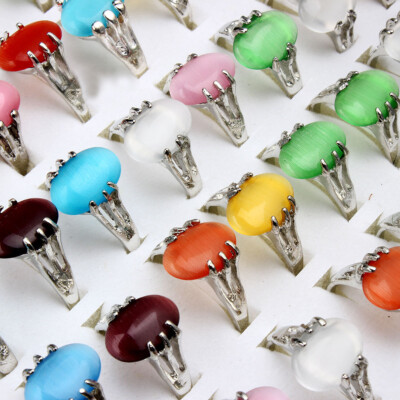 Wholesale 12pcs Silver Plated Rings Cat Eye Stone Wedding Ring Jewelry Men Women