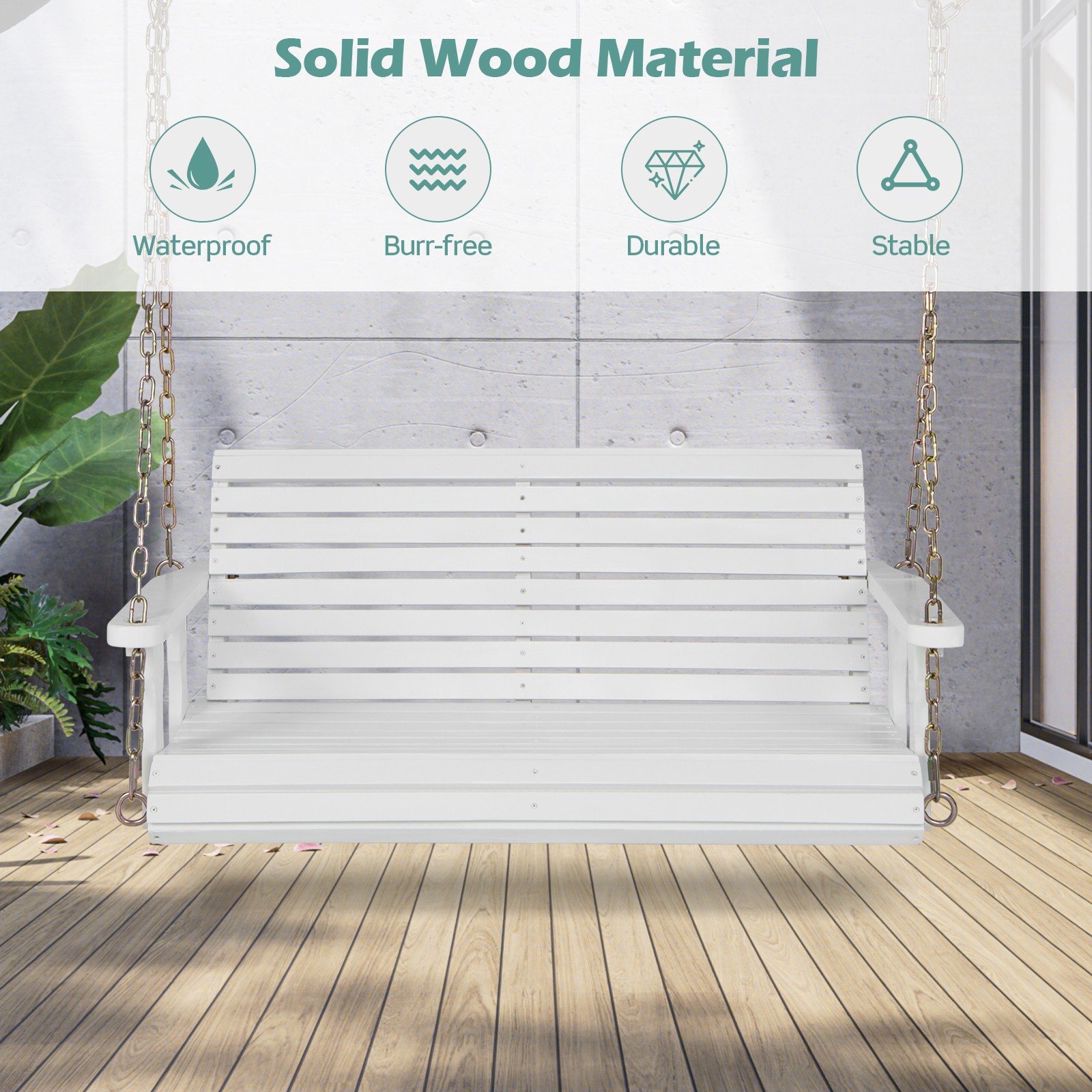 Porch Swing Wood Outdoor Patio Hanging Bench Chair for Garden Backyard White