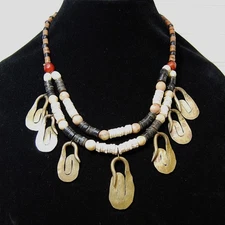 Vintage Necklace Ethnic Bib Tribal Wood Brass beaded multi-strand Boho jewelry
