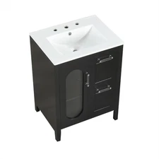 Elegant Black Bathroom Vanity Cabinet 24-Inch with Two Drawers, Ceramic Sink &