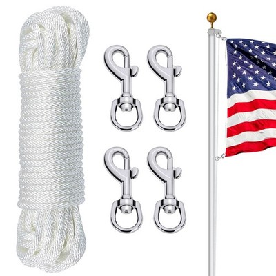 Flag Pole Rope Line Kit 50FT 1/4'' Diameter 4 Pcs Clips Fits Flagpole Up to