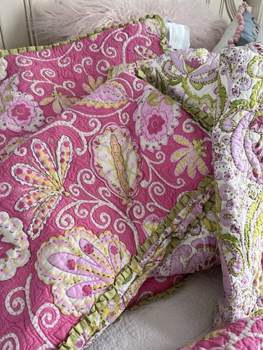 5 Pc Darling Summer Floral OS Queen Quilt Shams Pink Green Ruffle MOP BUTTONS - Picture 20 of 24