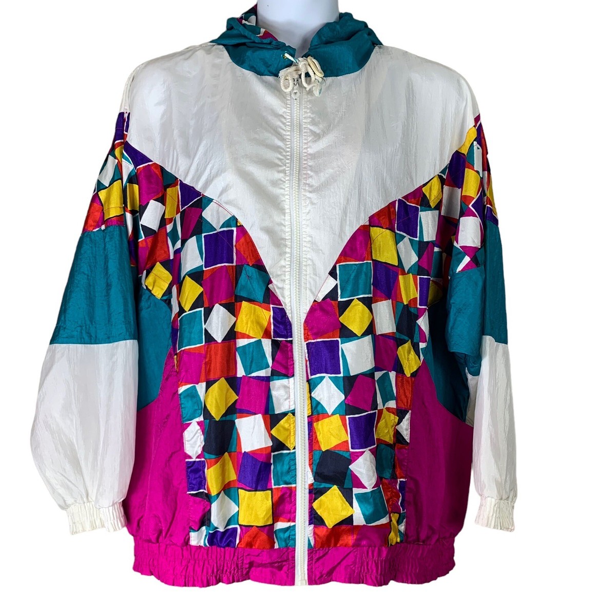 Vintage Windbreaker Jacket Size 2X Multicolor Zip Up Pockets