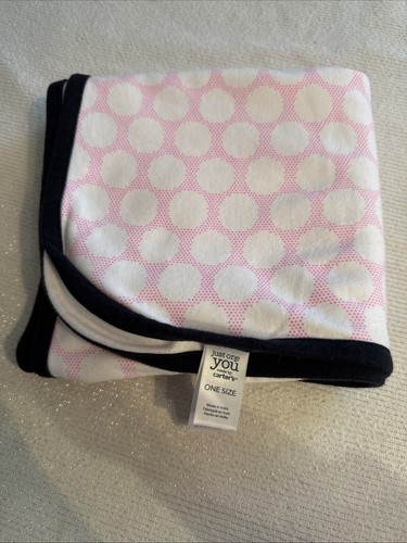 Just One You White Baby Blanket Pink Polka Dot Circles Blue Trim Carters