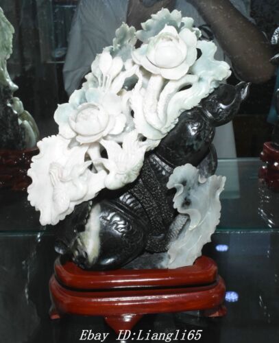 9.8" China Dushan Jade geschnitzt Lotus Wurzel Blume Kranich Statue Skulptur - Bild 1 von 10