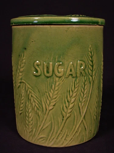 RARE ANTIQUE HULL GREEN GLAZE WHEAT DESIGN SUGAR CANISTER & LID YELLOW WARE MINT