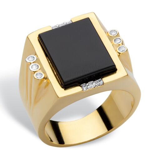 MENS EMERALD CUT ONYX GOLD STAINLESS STEEL CZ RING SIZE 8 9 10 11 12 13  - Afbeelding 1 van 3
