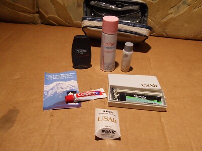 Vtg USAIR Airlines Amenity Travel Case Kit Shaver Ear Plugs Evian And More Used