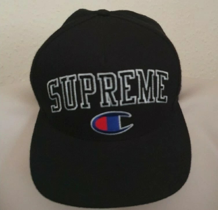 FW14 Supreme x Champion Embroidered Logo 5 panel Black cap hat Very Rare 2014