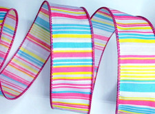 Summer Pink Turquoise Multi Color 1.5" x 2 yds Wired Ribbon Horizontal Stripe