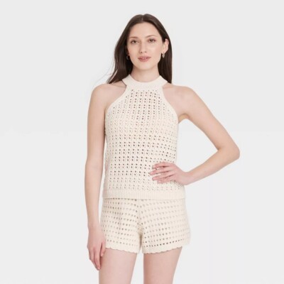 Universal Thread Openwork Halter Crewneck Sweater Tank Womens Small Tan