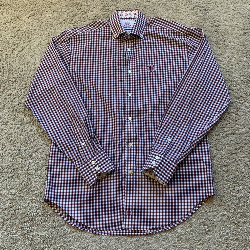 Thomas Dean Shirt Mens Medium Brown White Check Button-Down Collar Cotton Preppy