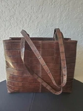 Furla Italian Leather Embossed Crocodile Tote Shoulder Bag Satchel Handbag Brown