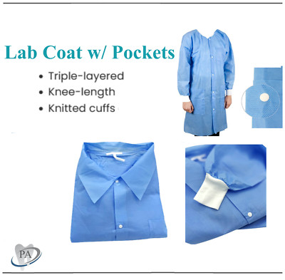 30 PCS DISPOSABLE WHITE LAB COAT, 3 POCKETS , Large, UNISEX MEDICAL DENTAl USE